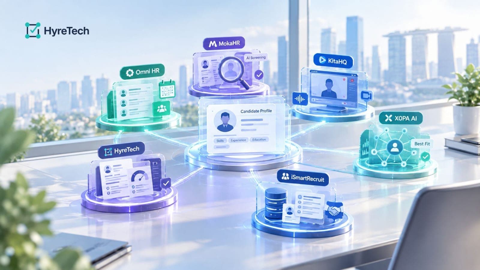 A futuristic office scene shows a central candidate profile surrounded by six glowing AI recruiting platforms on circular glass displays, connected by blue data streams.