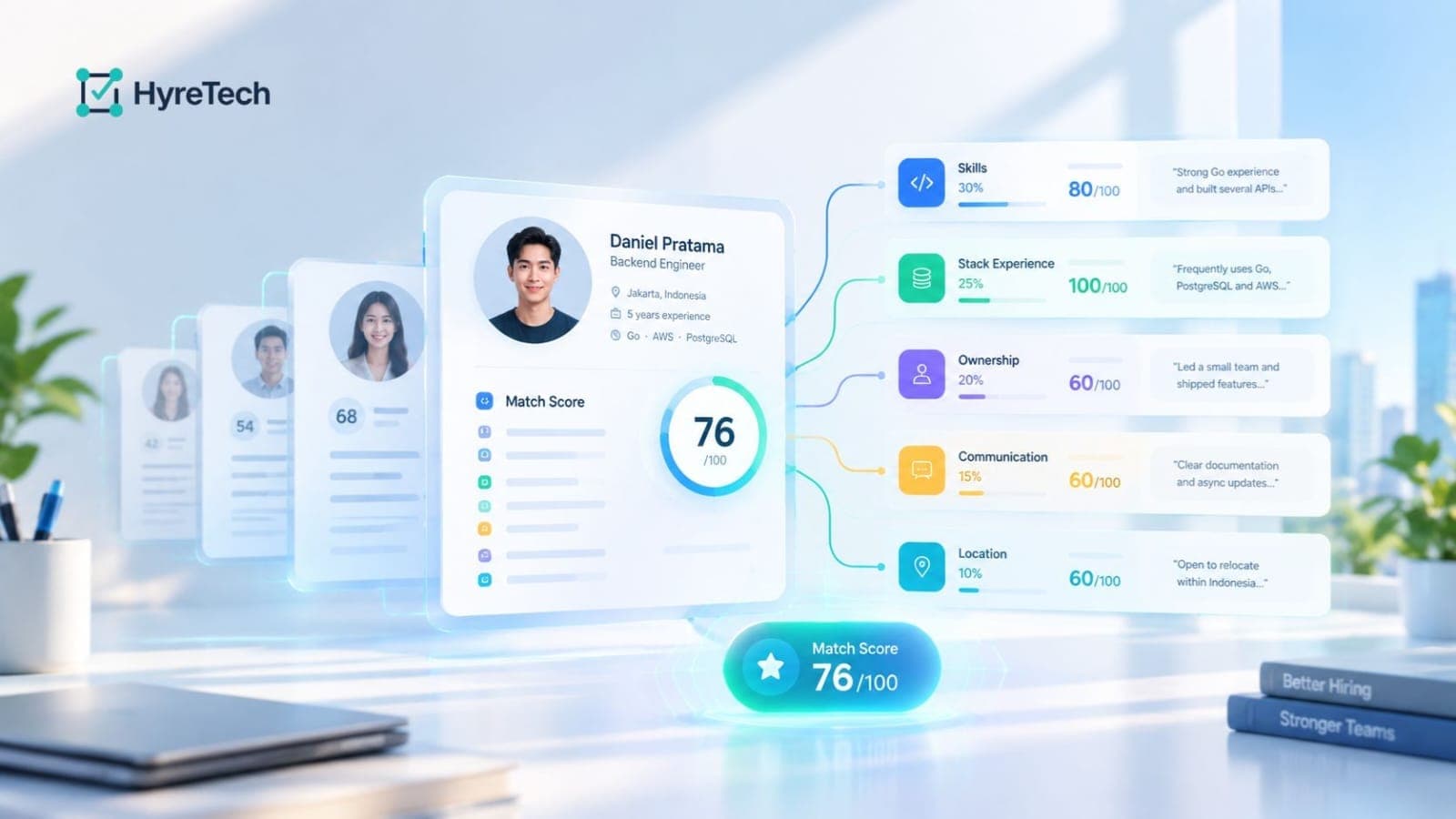 Bright AI hiring dashboard showing a candidate match score of 76/100, with weighted skill criteria, individual scores, and supporting candidate profiles in the background.