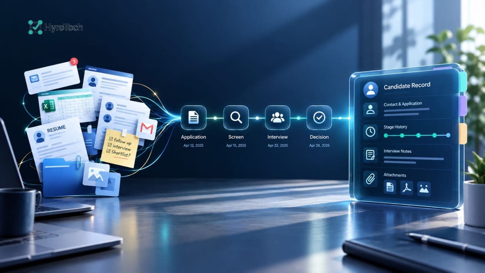 Graphic showing scattered emails, spreadsheets, and sticky notes consolidating into a pipeline and structured digital candidate record dashboard.