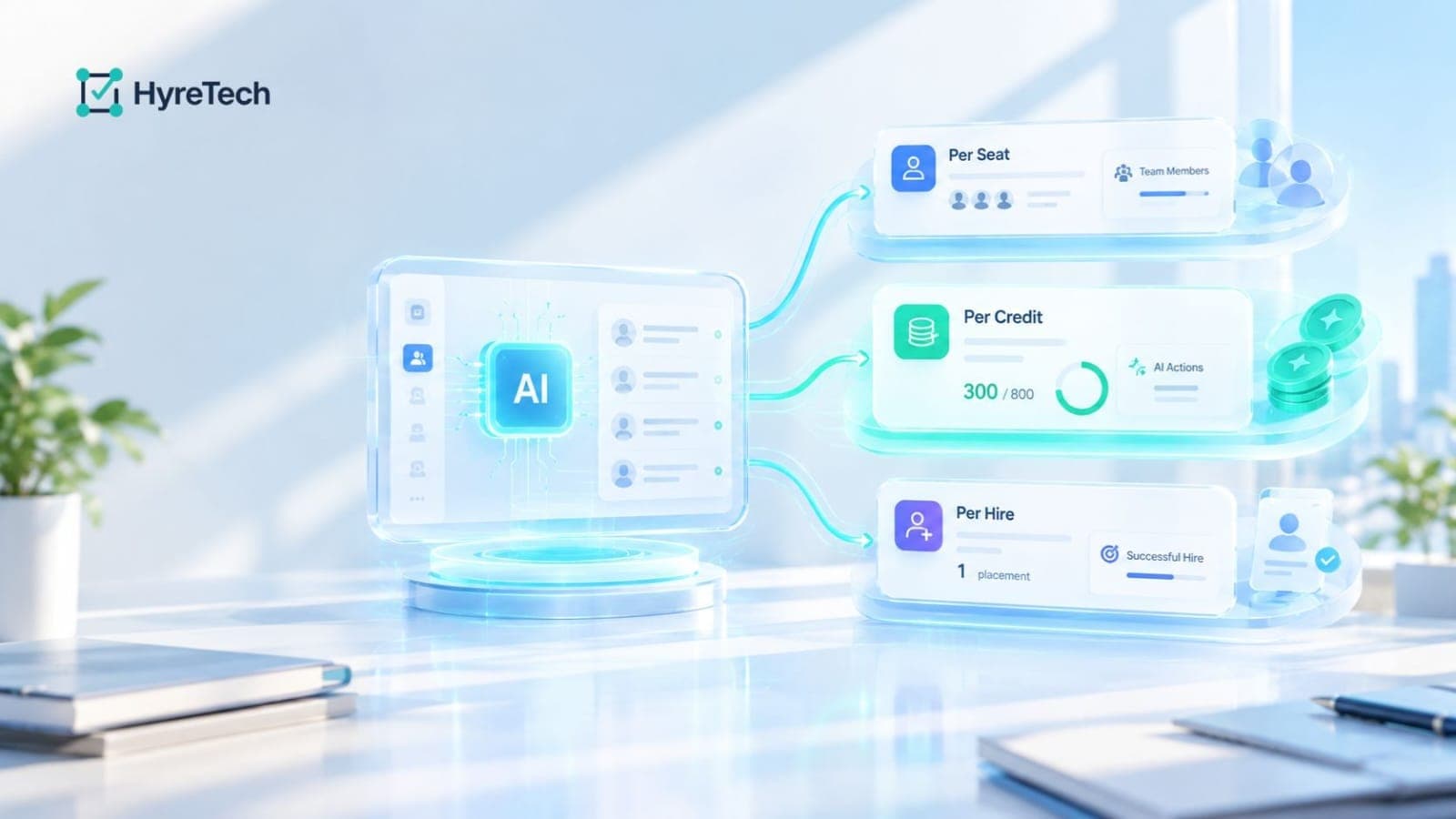 Light-themed 3D AI recruiting interface connecting three pricing models: per seat, per credit, and per hire, with glowing teal lines and floating glass panels.