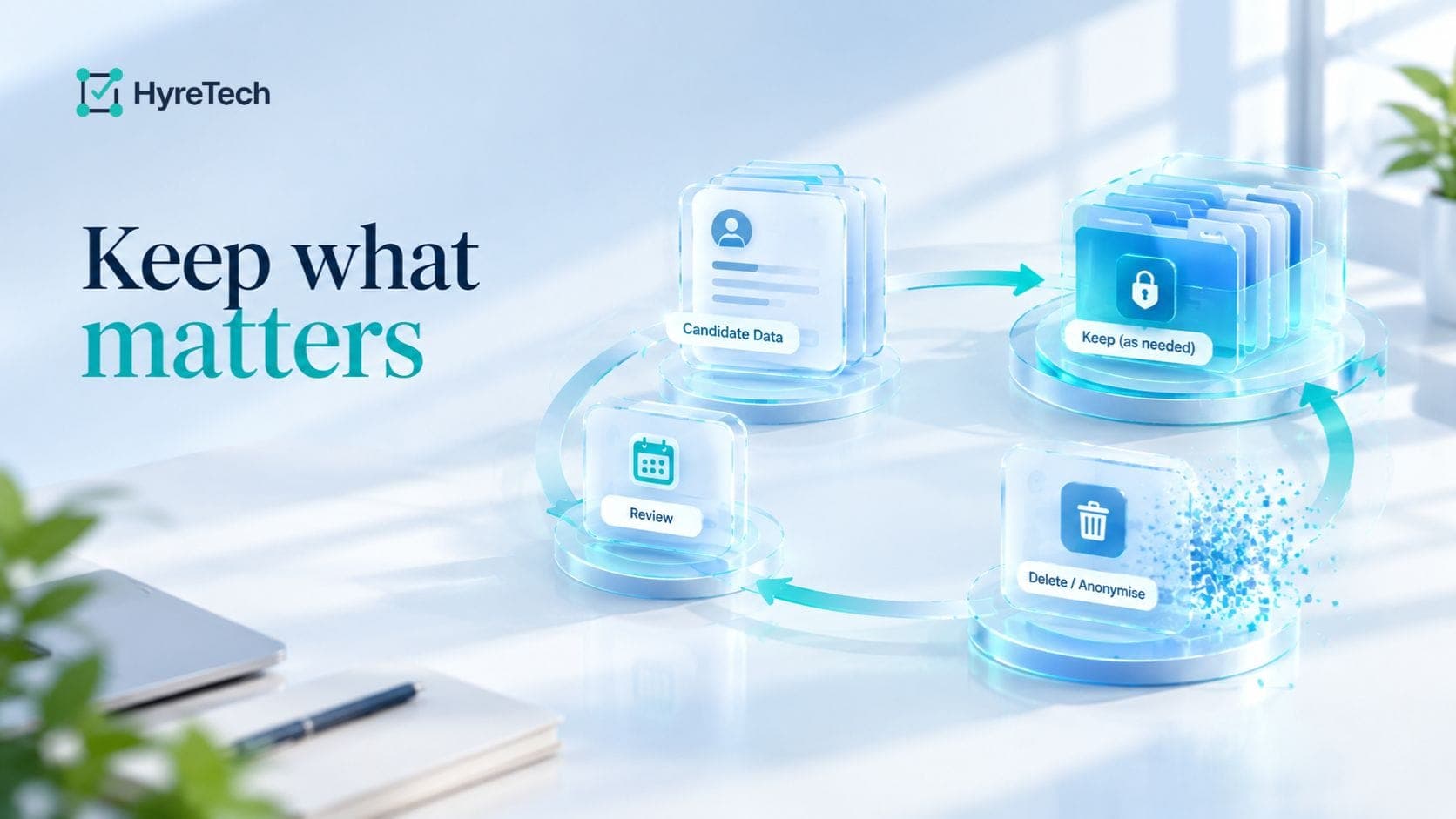 A bright 3D illustration of candidate data flowing through a retention cycle, with glass-like folders for storage, review, and deletion or anonymisation.