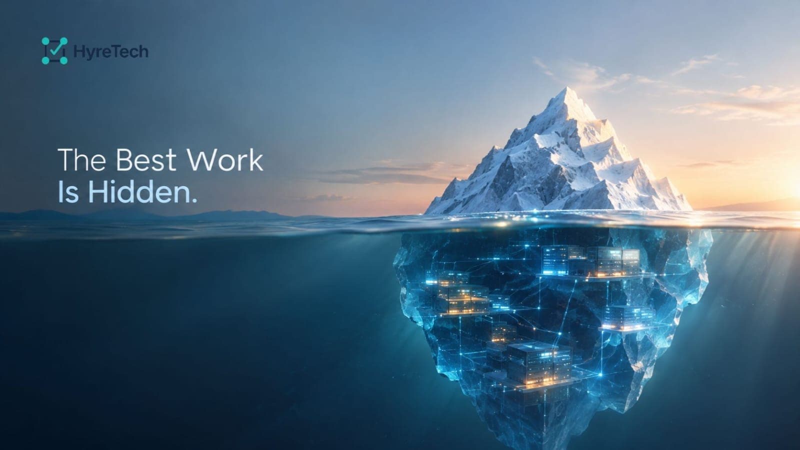 A glowing iceberg reveals a hidden network of servers and digital connections beneath the ocean, illustrating the unseen work behind DevOps and SRE infrastructure.
