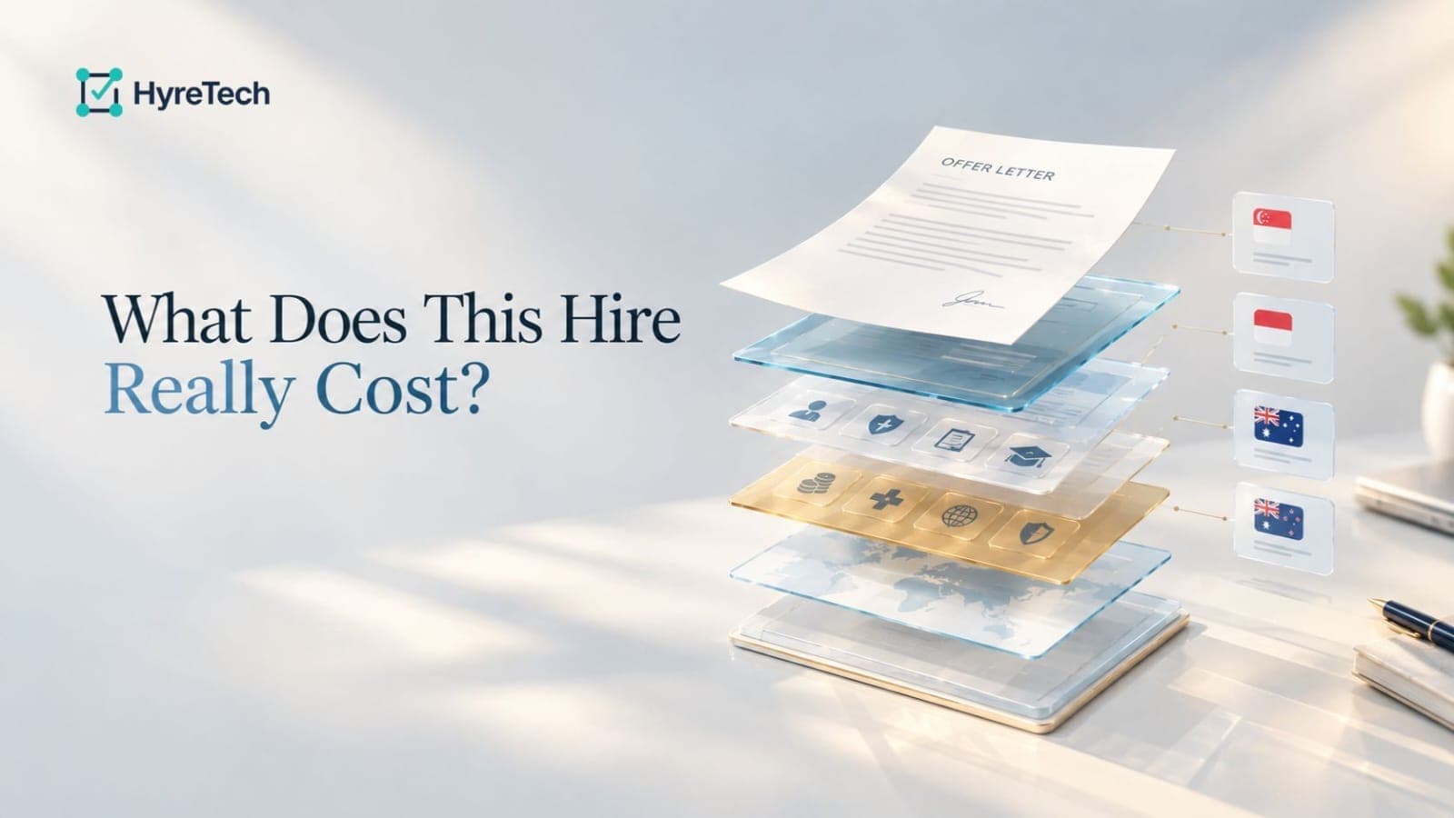 An employment offer letter floats above layered transparent panels with payroll, benefits, and protection icons, alongside country cards for Singapore, Indonesia, Australia, and New Zealand.