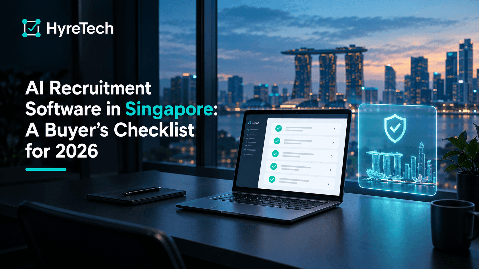 Laptop showing a ticked checklist beside a shield icon, with the Singapore skyline through the window