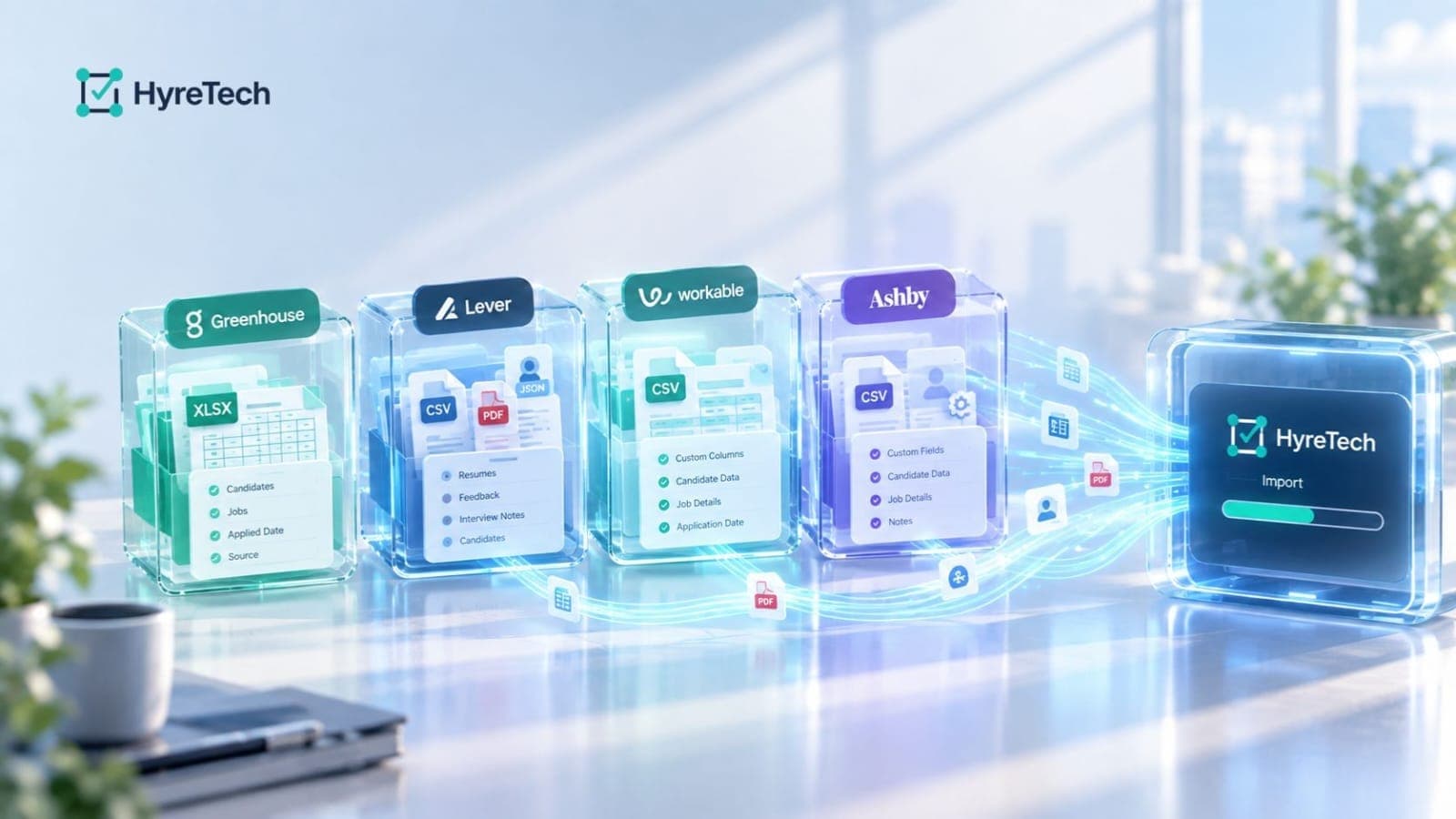 Four transparent containers hold different ATS export data flowing through glowing data streams into a HyreTech import system.
