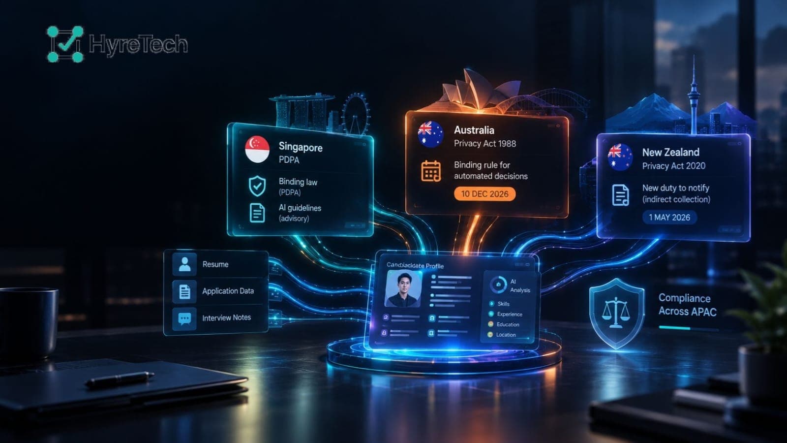 Dark AI hiring compliance dashboard comparing privacy rules in Singapore, Australia, and New Zealand around candidate data and automated screening.