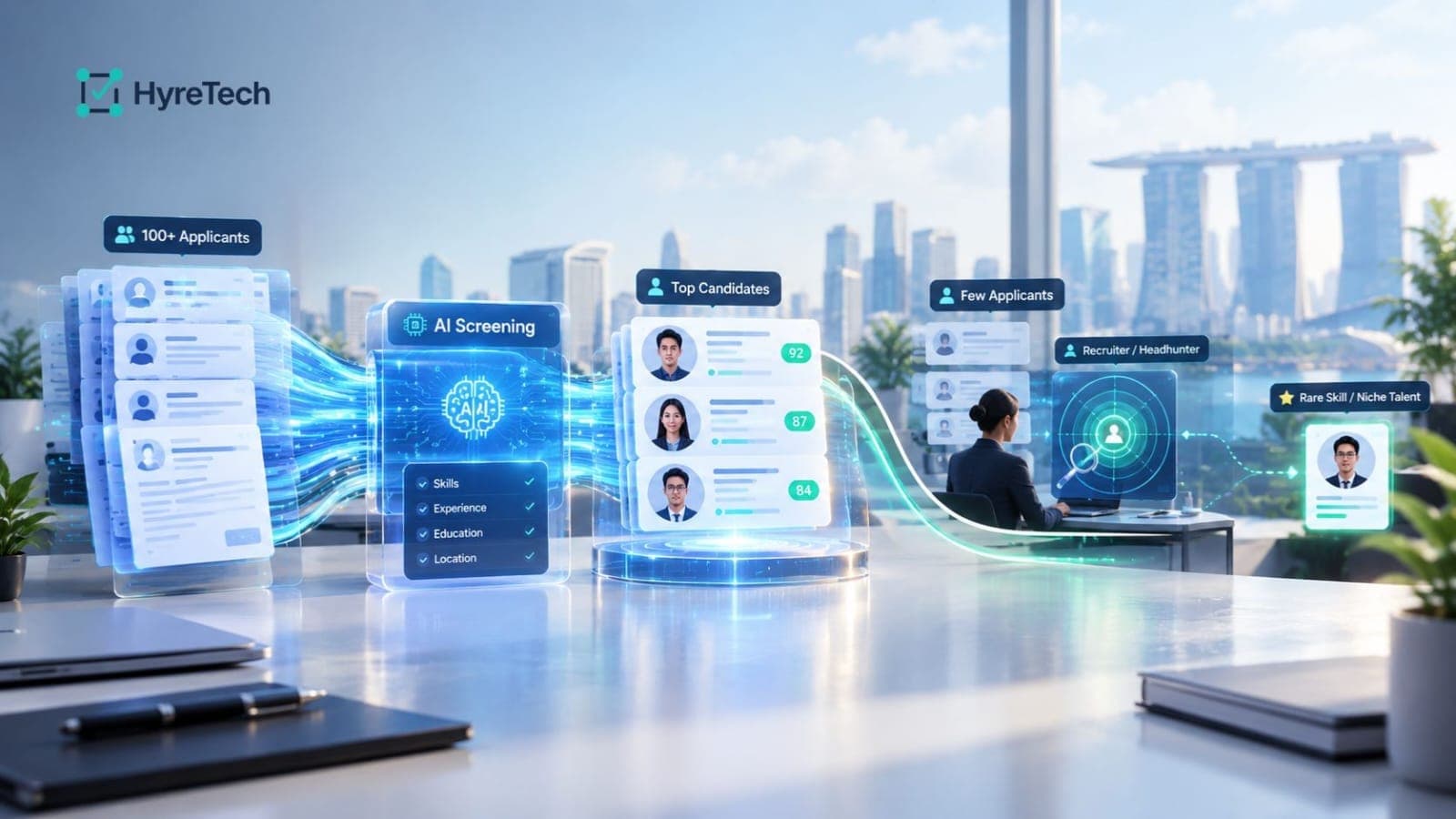A startup founder reviews engineering candidates through a structured AI scorecard, comparing resumes against clear hiring criteria on a modern dashboard.