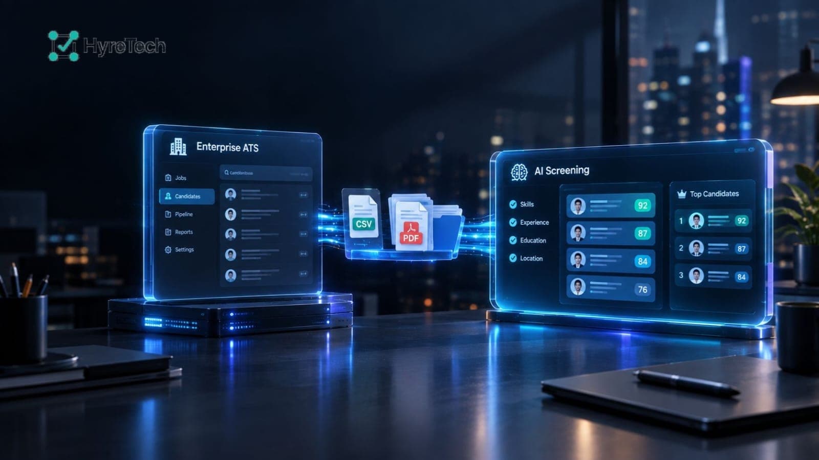 Dark enterprise ATS interface sends CSV and PDF candidate files to an AI screening dashboard that ranks applicants by skills, experience, education, and location.