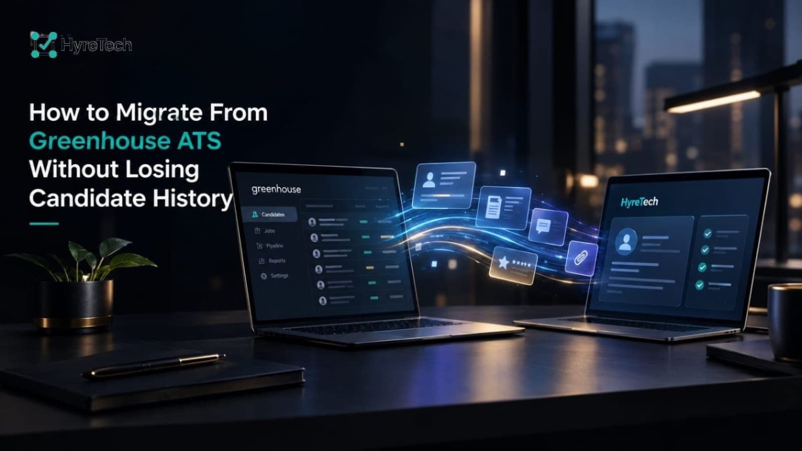 Dark futuristic workspace showing candidate data and files moving from a Greenhouse ATS laptop to a new HyreTech system, symbolizing ATS migration and data preservation.