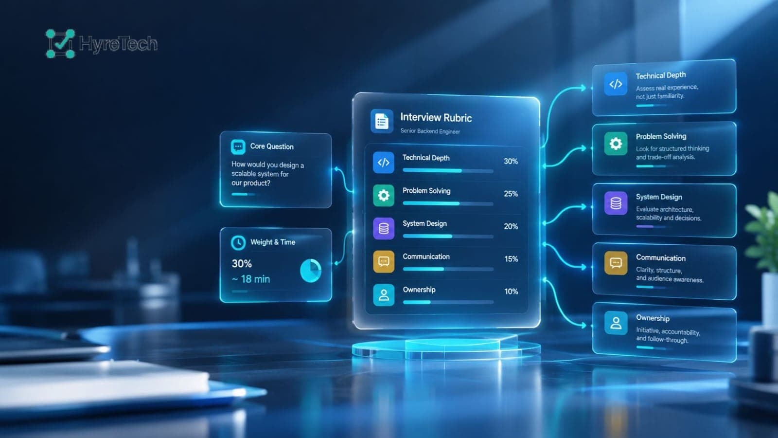 Dark 3D interview rubric interface with weighted technical criteria, core questions, time allocation, and connected evaluation panels in glowing blue and teal.