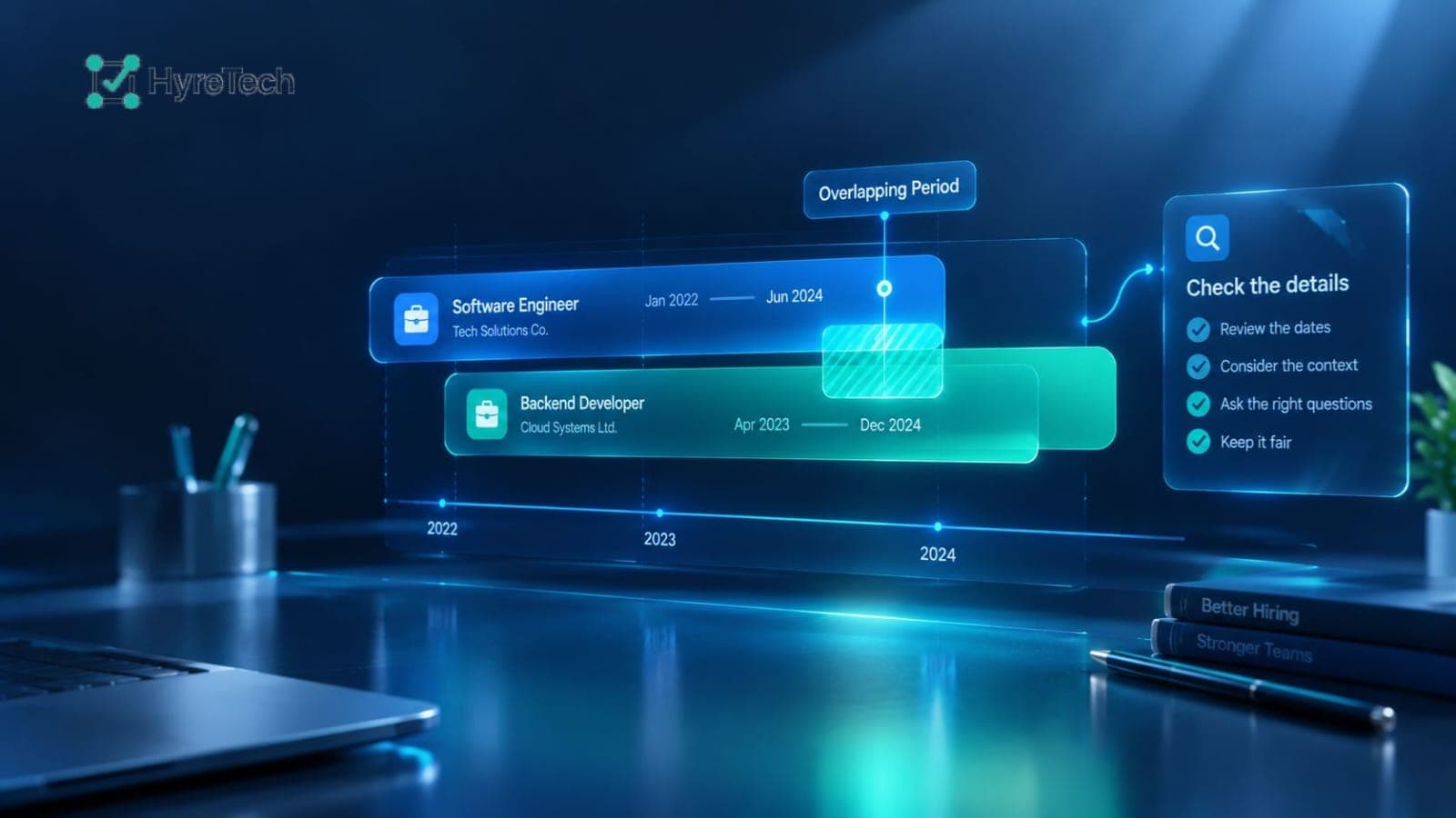 Two overlapping employment timelines with highlighted date intersections, glowing cyan and teal markers, and a dark navy background, illustrating resume date overlap checks.