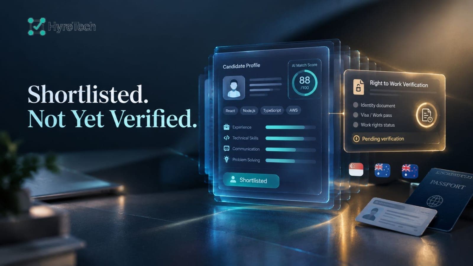 AI candidate shortlist dashboard beside a right-to-work verification panel showing pending status, identity documents, and Singapore, Australia, and New Zealand flags.