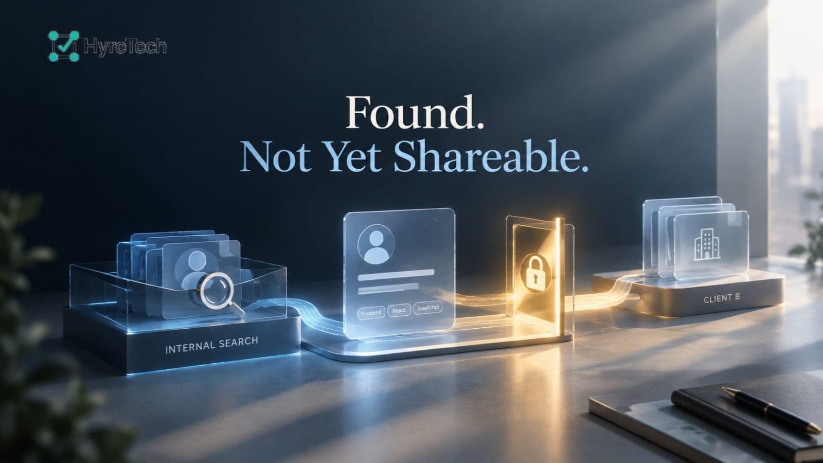 A translucent candidate profile card connects an internal search database to a client folder through a glowing golden lock gate, symbolizing permission before sharing candidate data.