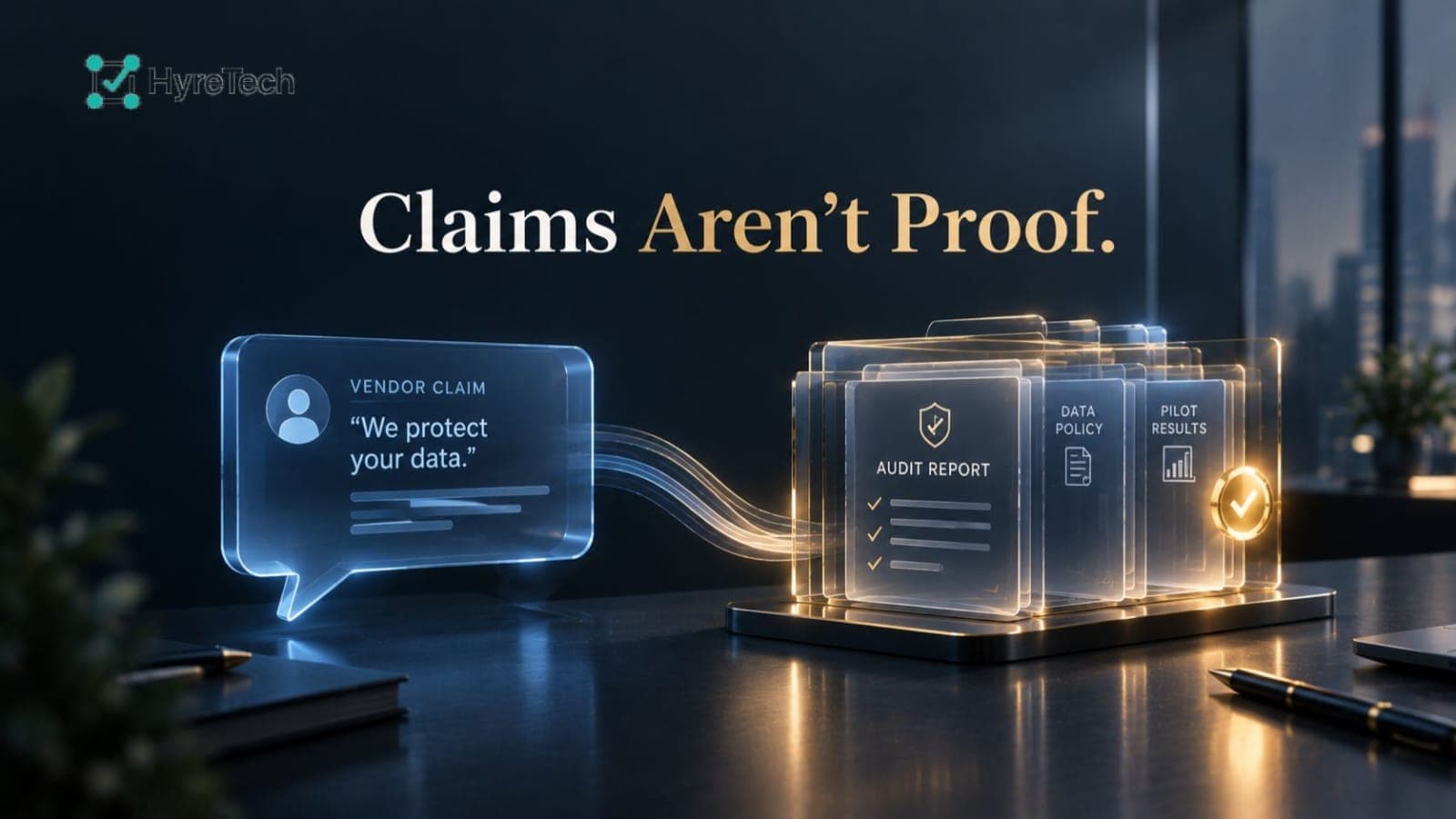 Concept image with text 'Claims Aren't Proof' showing a speech bubble claim transformed into structured evidence files like audit reports and pilot results.
